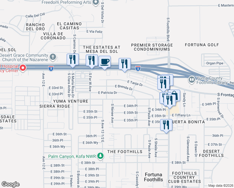 map of restaurants, bars, coffee shops, grocery stores, and more near 12540-12682 East 34th Street in Yuma