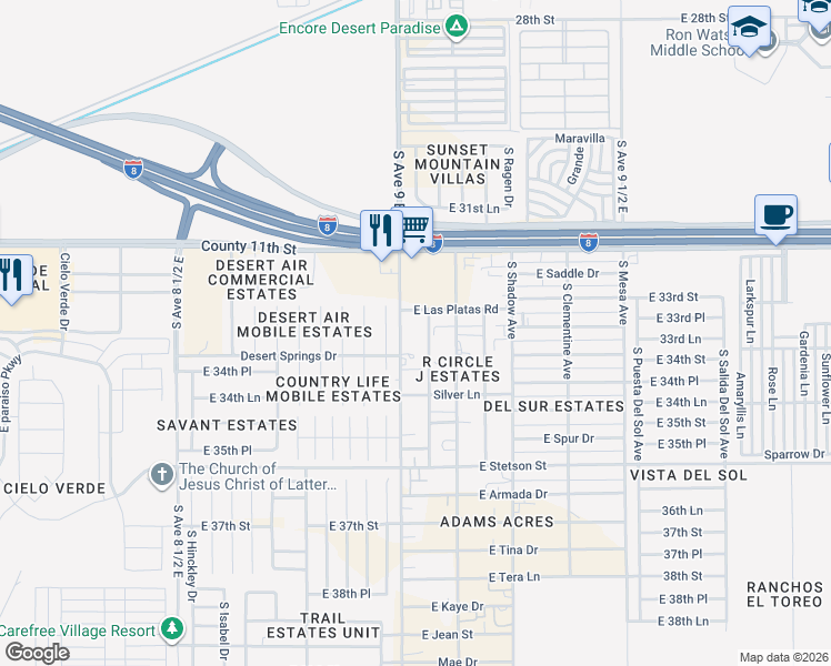 map of restaurants, bars, coffee shops, grocery stores, and more near 11235 South Avenue 9 East in Yuma