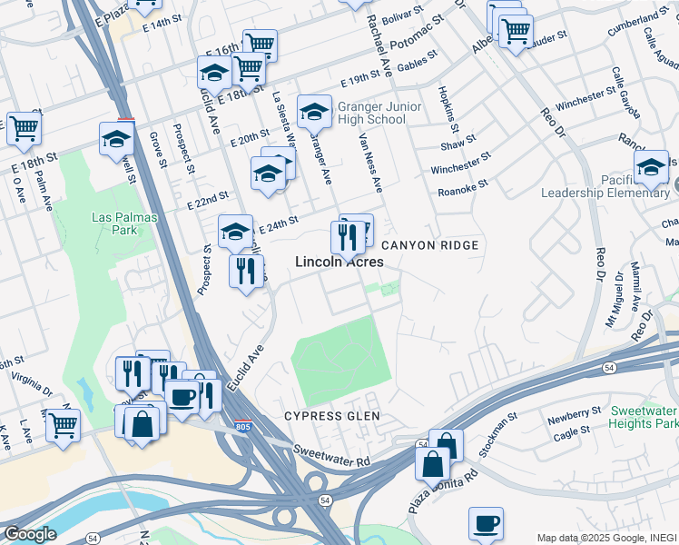 map of restaurants, bars, coffee shops, grocery stores, and more near 2625 Gwynne Avenue in National City