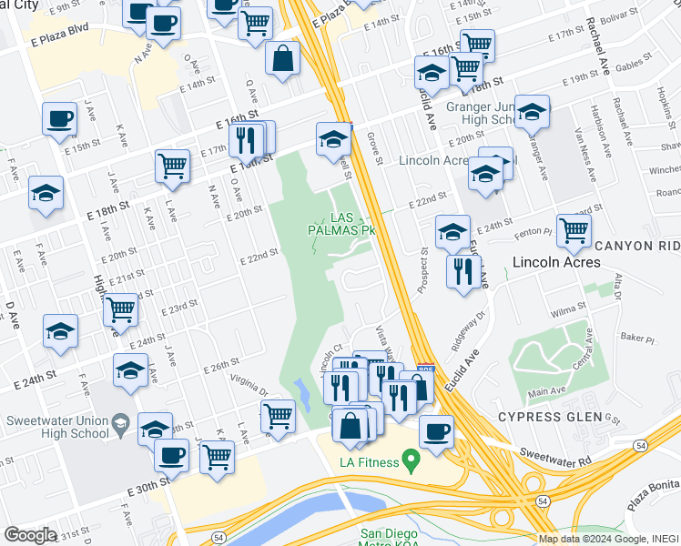 map of restaurants, bars, coffee shops, grocery stores, and more near 1905 Via Las Palmas in National City