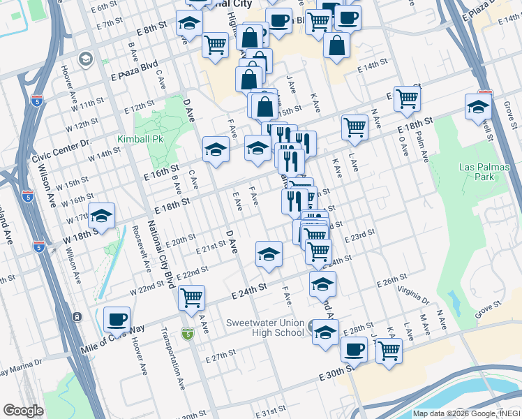 map of restaurants, bars, coffee shops, grocery stores, and more near 2025 F Avenue in National City