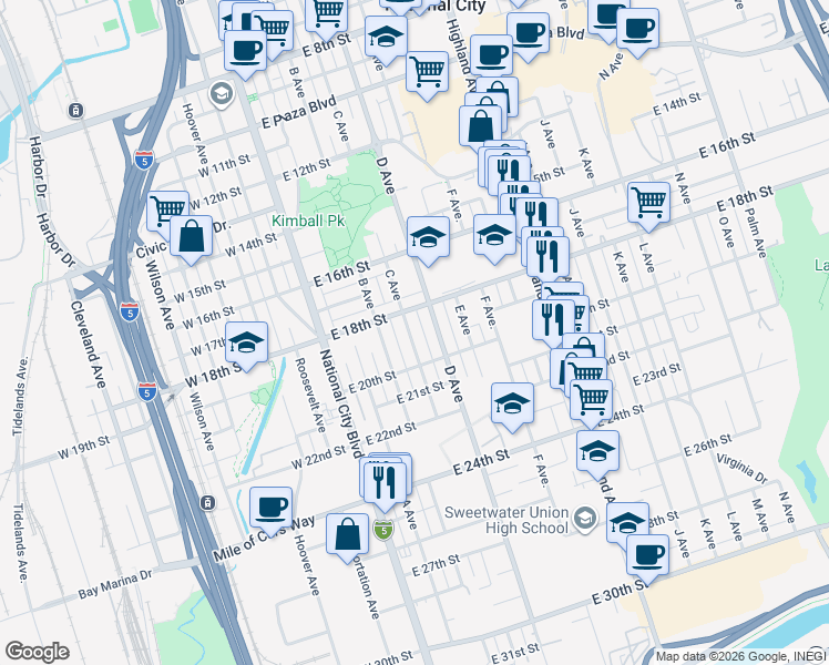map of restaurants, bars, coffee shops, grocery stores, and more near 1906 C Avenue in National City