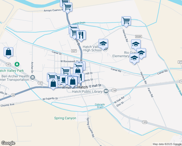 map of restaurants, bars, coffee shops, grocery stores, and more near 219 East Hill Street in Hatch