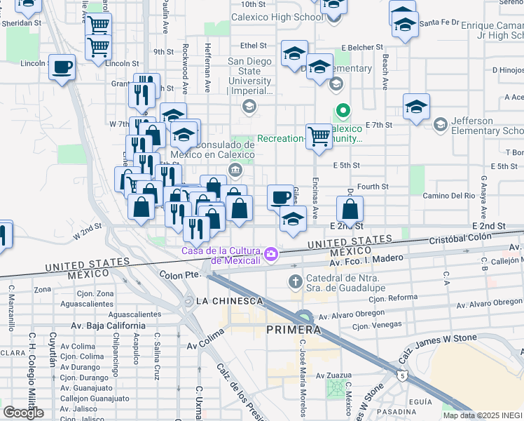 map of restaurants, bars, coffee shops, grocery stores, and more near 510 East 3rd Street in Calexico
