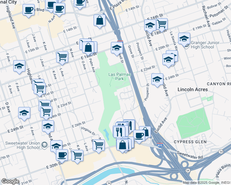 map of restaurants, bars, coffee shops, grocery stores, and more near 1802 Via Las Palmas in National City