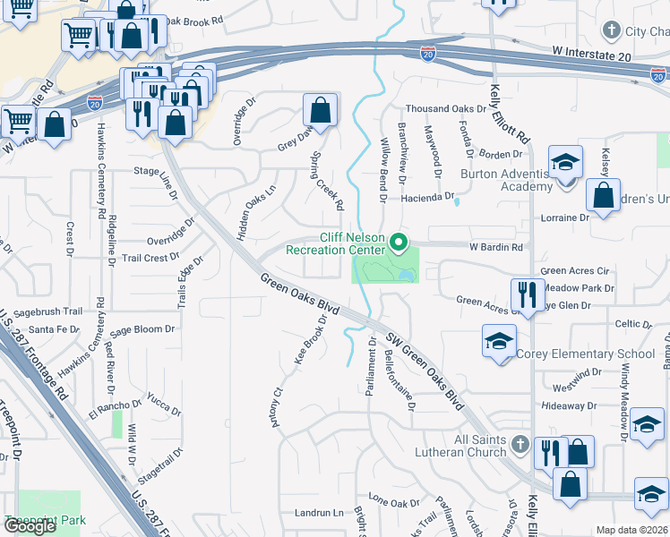map of restaurants, bars, coffee shops, grocery stores, and more near 5004 Millsprings Drive in Arlington