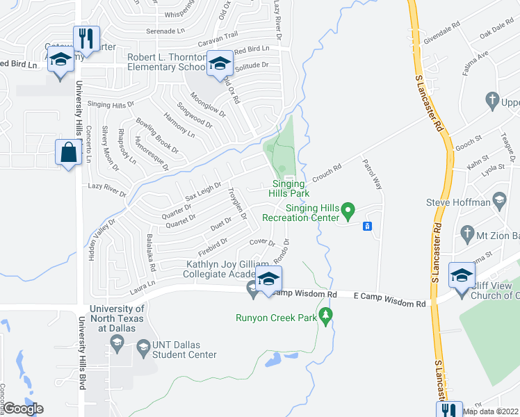 map of restaurants, bars, coffee shops, grocery stores, and more near 6912 Troyglen Drive in Dallas