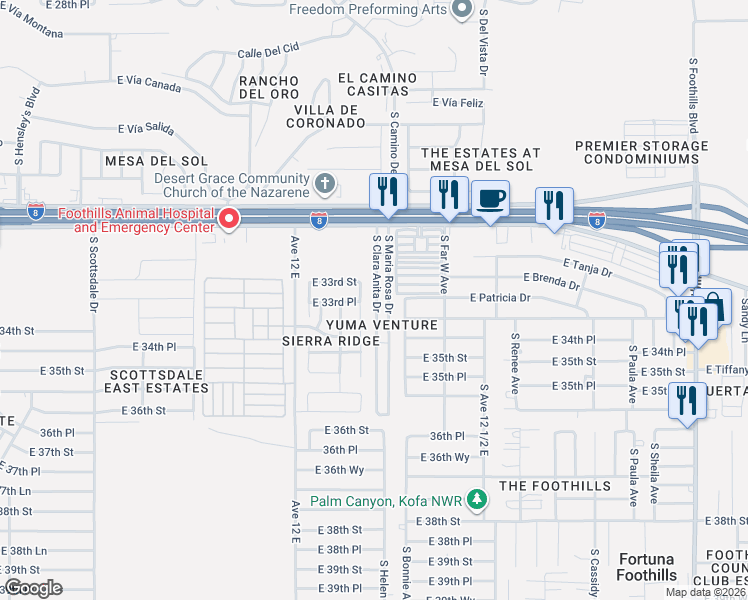 map of restaurants, bars, coffee shops, grocery stores, and more near 11288 South Maria Rosa Drive in Yuma