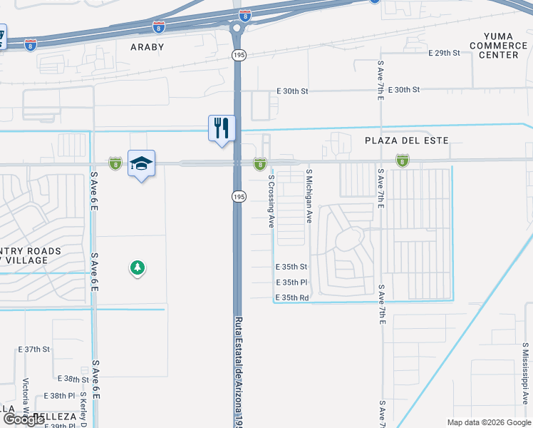 map of restaurants, bars, coffee shops, grocery stores, and more near Oleander Circle in Yuma