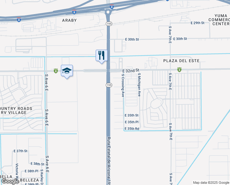 map of restaurants, bars, coffee shops, grocery stores, and more near 6541 East 33rd Lane in Yuma