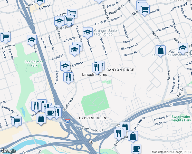 map of restaurants, bars, coffee shops, grocery stores, and more near 2775 Chaffee Street in National City