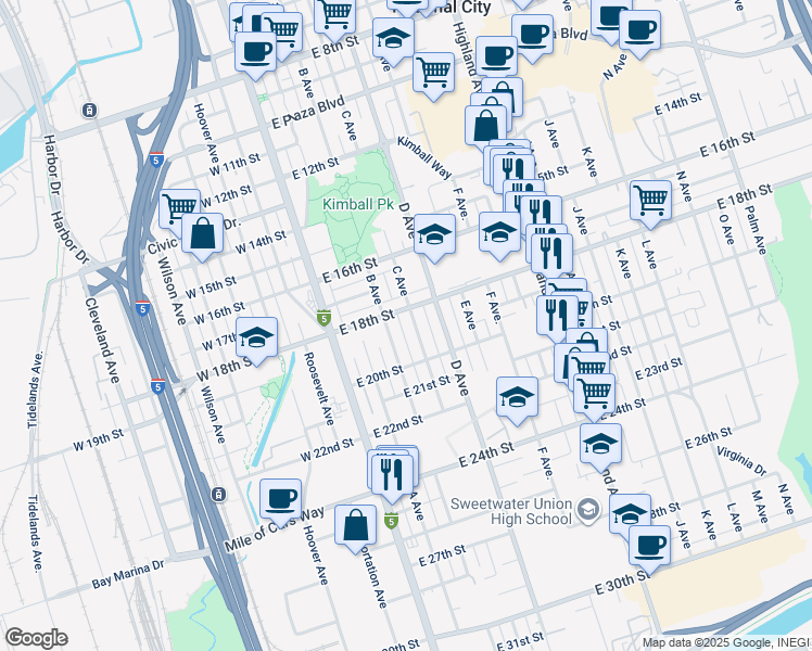 map of restaurants, bars, coffee shops, grocery stores, and more near 1906 C Avenue in National City