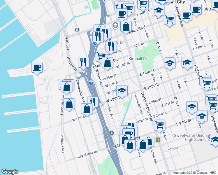 map of restaurants, bars, coffee shops, grocery stores, and more near 1640 Harding Avenue in National City