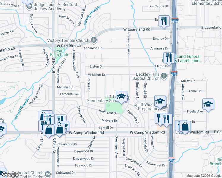 map of restaurants, bars, coffee shops, grocery stores, and more near 6628 Meade Street in Dallas
