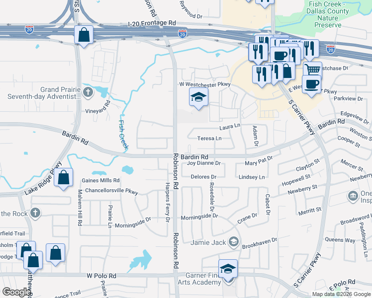 map of restaurants, bars, coffee shops, grocery stores, and more near 640 Joy Dianne Drive in Grand Prairie