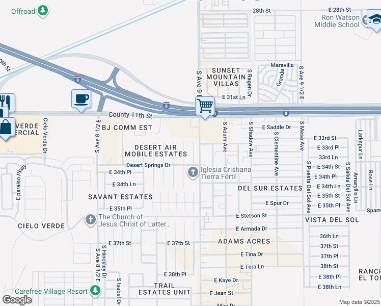 map of restaurants, bars, coffee shops, grocery stores, and more near 11290 South Joshua Lane in Yuma