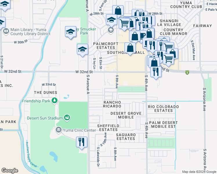 map of restaurants, bars, coffee shops, grocery stores, and more near 3300 South 8th Avenue in Yuma