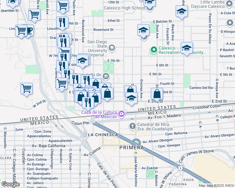 map of restaurants, bars, coffee shops, grocery stores, and more near 510 East 3rd Street in Calexico