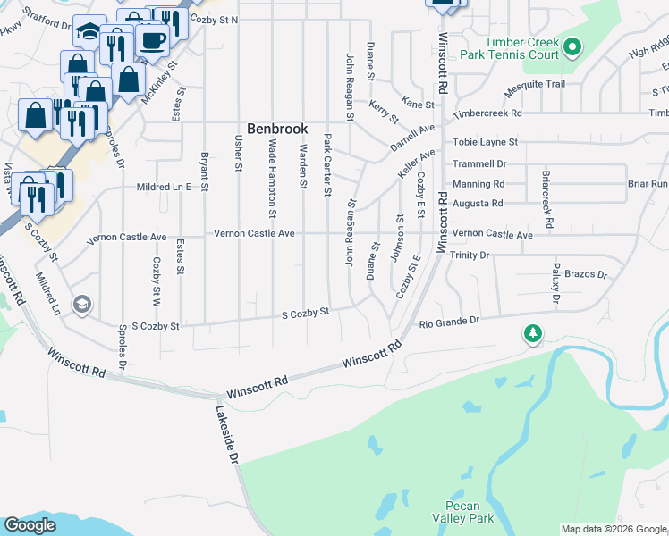 map of restaurants, bars, coffee shops, grocery stores, and more near 1217 Park Center Street in Benbrook