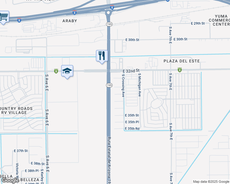 map of restaurants, bars, coffee shops, grocery stores, and more near 6541 East 33rd Lane in Yuma