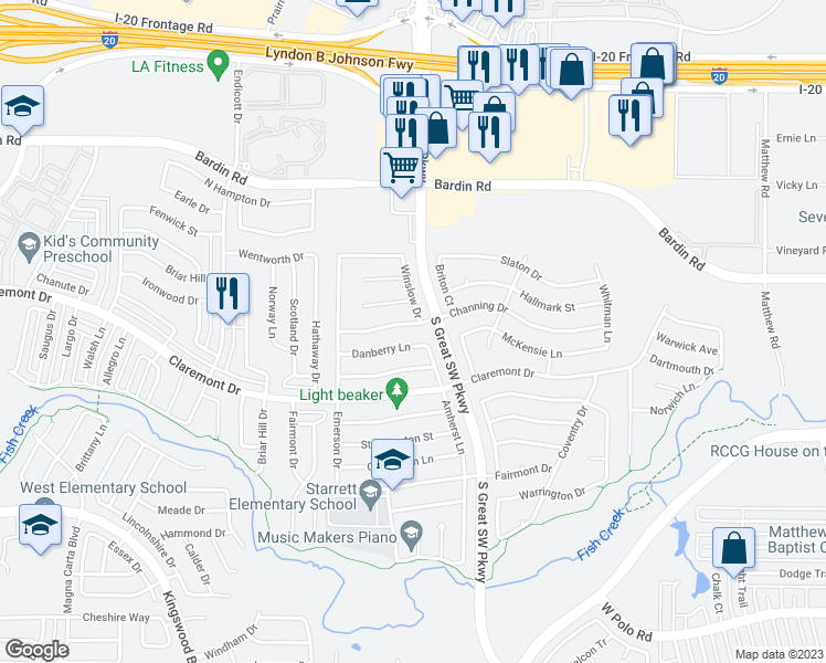 map of restaurants, bars, coffee shops, grocery stores, and more near 2613 Channing Drive in Grand Prairie