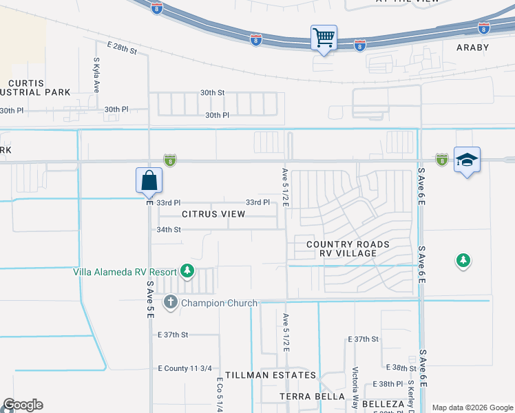 map of restaurants, bars, coffee shops, grocery stores, and more near 5417 33rd Lane in Yuma