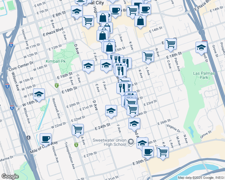 map of restaurants, bars, coffee shops, grocery stores, and more near 2025 F Avenue in National City