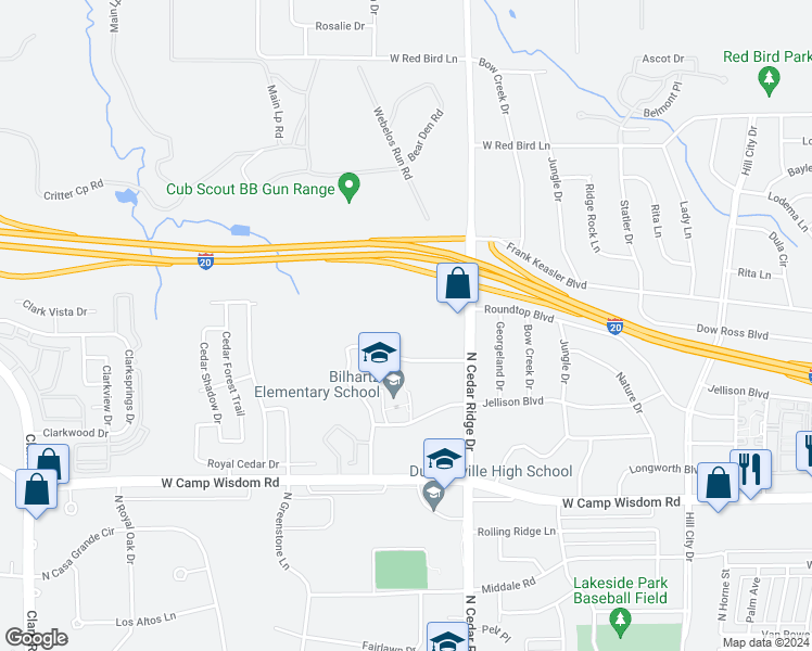 map of restaurants, bars, coffee shops, grocery stores, and more near 6101-6105 Ridge Center Drive in Dallas