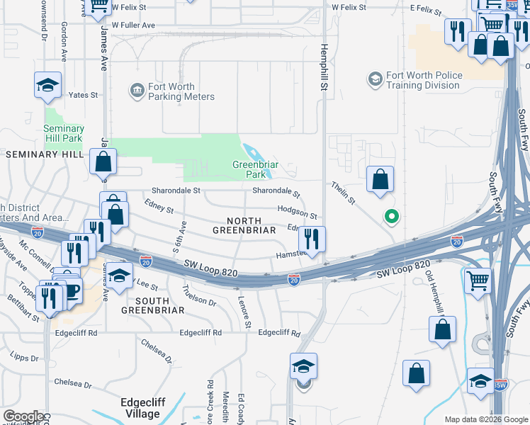 map of restaurants, bars, coffee shops, grocery stores, and more near 1004 Edney Street in Fort Worth