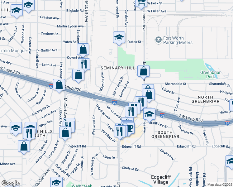 map of restaurants, bars, coffee shops, grocery stores, and more near 5332 Gordon Avenue in Fort Worth