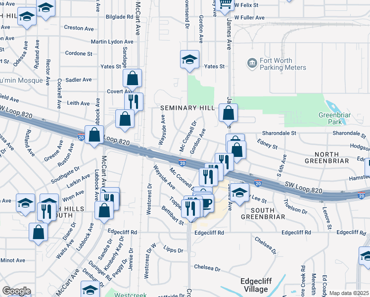 map of restaurants, bars, coffee shops, grocery stores, and more near 5332 Gordon Avenue in Fort Worth