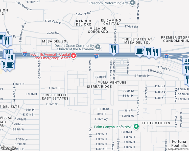 map of restaurants, bars, coffee shops, grocery stores, and more near 11285 Sally Drive in Yuma