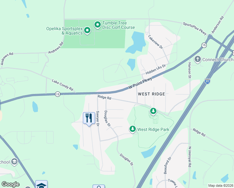 map of restaurants, bars, coffee shops, grocery stores, and more near 1311-1599 Ridge Road in Opelika