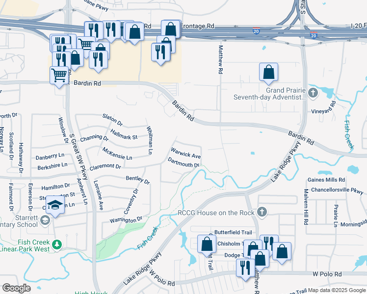 map of restaurants, bars, coffee shops, grocery stores, and more near 2309 Warwick Avenue in Grand Prairie