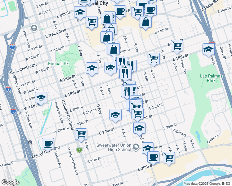 map of restaurants, bars, coffee shops, grocery stores, and more near 1917 F Avenue in National City