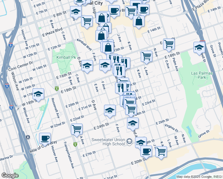 map of restaurants, bars, coffee shops, grocery stores, and more near 1917 F Avenue in National City