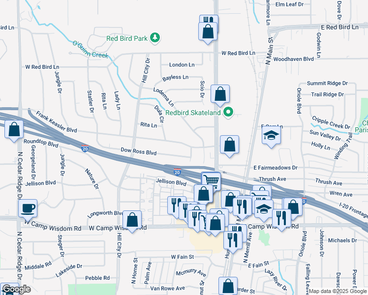 map of restaurants, bars, coffee shops, grocery stores, and more near 318 Dow Ross Boulevard in Duncanville