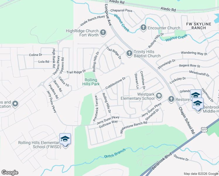 map of restaurants, bars, coffee shops, grocery stores, and more near 7100 Lost Horizon Drive in Benbrook