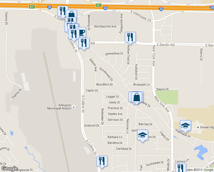 map of restaurants, bars, coffee shops, grocery stores, and more near 4900 Redwater Drive in Arlington