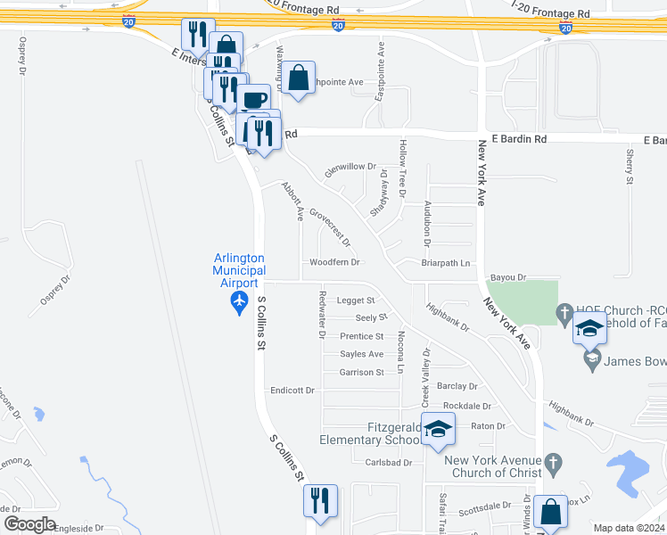 map of restaurants, bars, coffee shops, grocery stores, and more near 1418 Woodfern Drive in Arlington