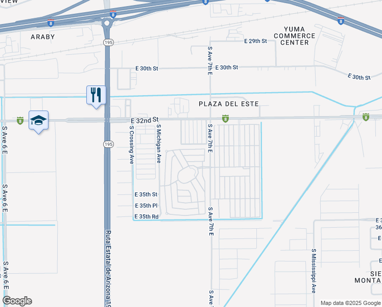 map of restaurants, bars, coffee shops, grocery stores, and more near 3400 South Avenue 7th East in Yuma