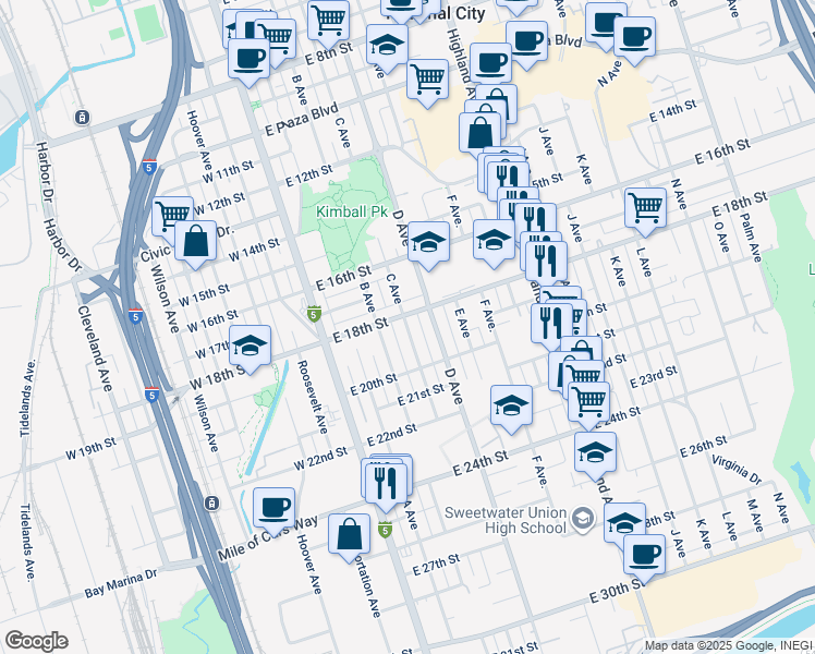 map of restaurants, bars, coffee shops, grocery stores, and more near 1906 C Avenue in National City