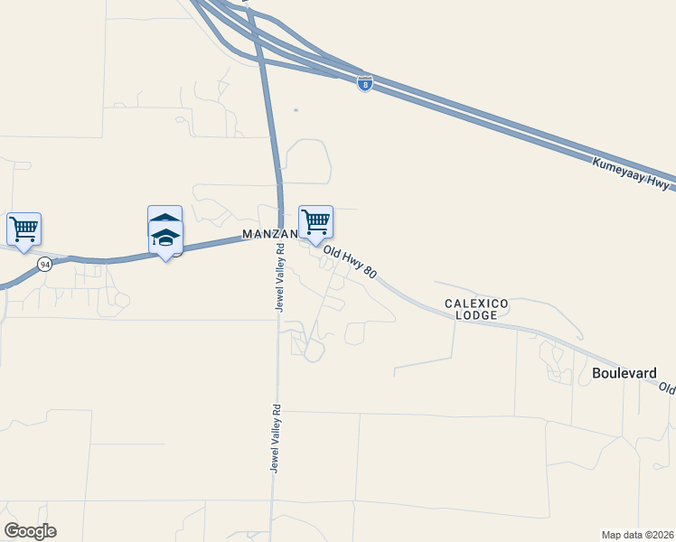 map of restaurants, bars, coffee shops, grocery stores, and more near 2185 Manzanita Lane in Boulevard