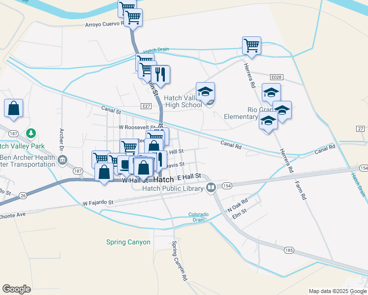 map of restaurants, bars, coffee shops, grocery stores, and more near 219 East Hill Street in Hatch