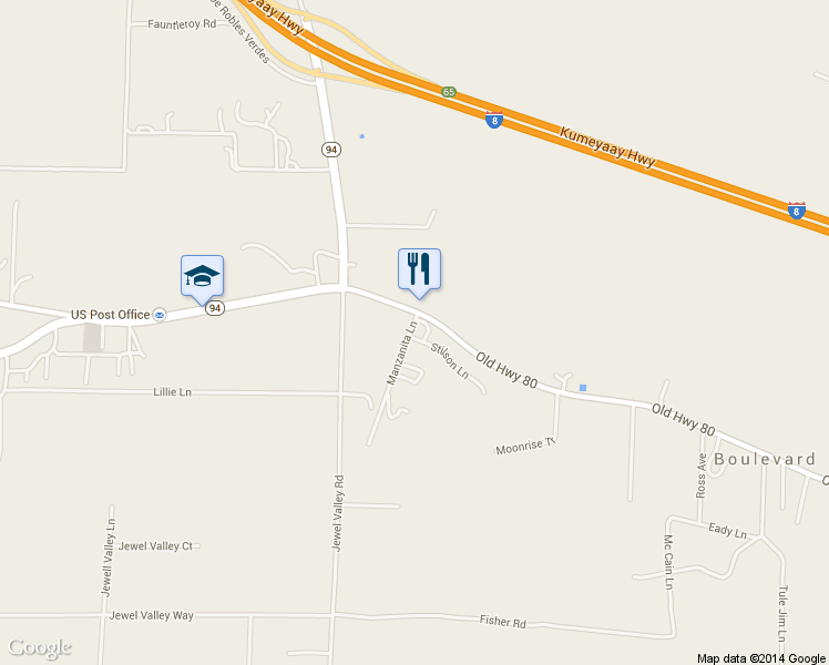 map of restaurants, bars, coffee shops, grocery stores, and more near 2185 Manzanita Lane in Boulevard