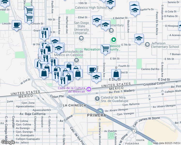 map of restaurants, bars, coffee shops, grocery stores, and more near Blair Avenue & East 3rd Street in Calexico