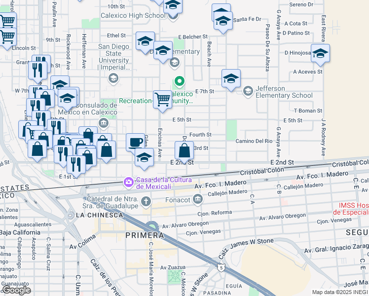 map of restaurants, bars, coffee shops, grocery stores, and more near 900 East 3rd Street in Calexico