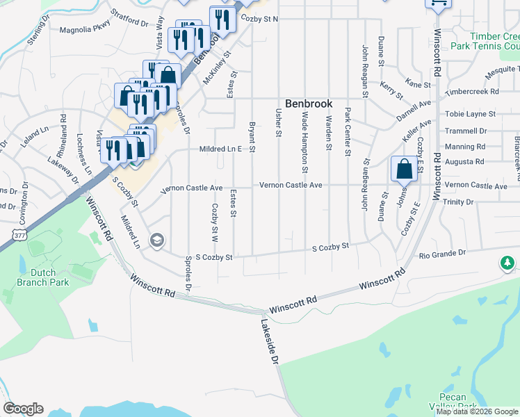 map of restaurants, bars, coffee shops, grocery stores, and more near 1219 Bryant Street in Benbrook
