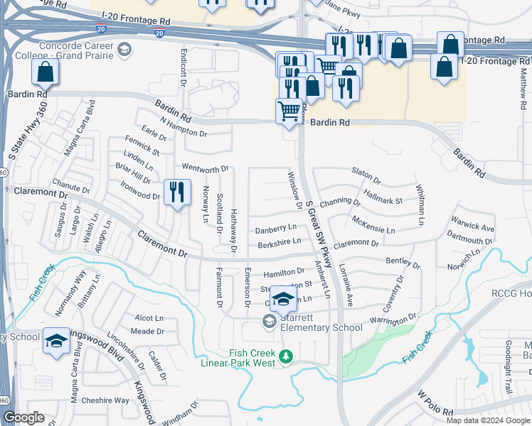 map of restaurants, bars, coffee shops, grocery stores, and more near 2638 Channing Drive in Grand Prairie