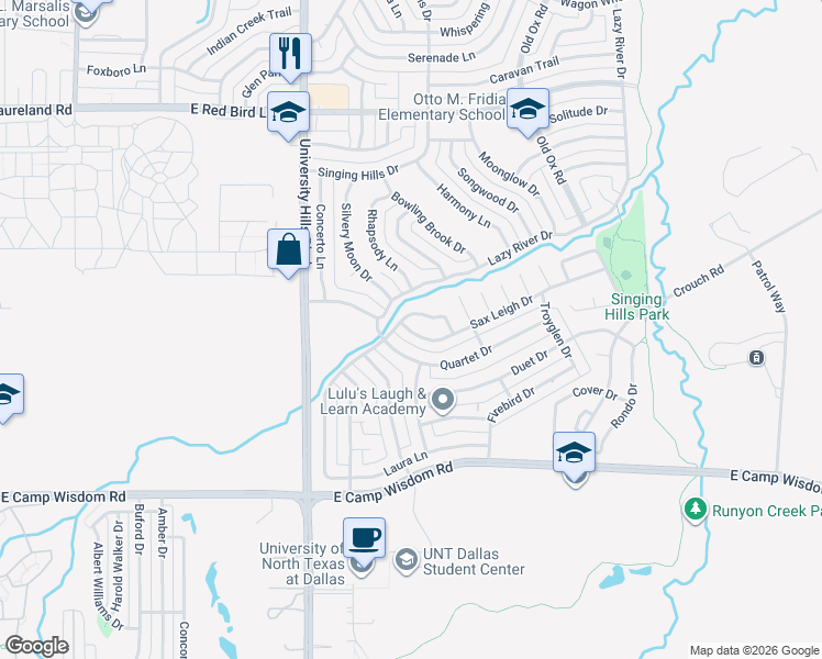 map of restaurants, bars, coffee shops, grocery stores, and more near 1410 Sax Leigh Drive in Dallas